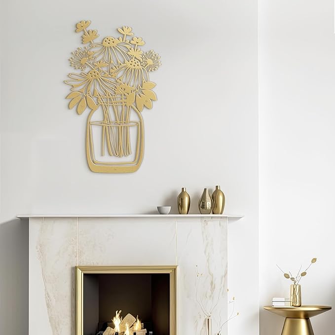 SIGNLEADER Metal Wall Art Decor Flower Bouquet in Bottle Minimalist Modern Abstract Wall Sculpture Hangings Home Decoration for Living Room, Bedroom, Bathroom, Kitchen, Outdoor - 18" Gold