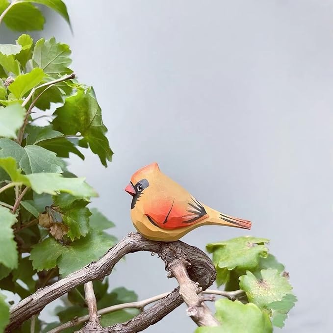 Handmade Wooden Northern Cardinal Figurines Set, Hand-Painted Female Cardinal Birds, Decorative Wood Bird Sculptures for Home Décor,Christmas Ornaments & Unique Gift for Bird Lovers