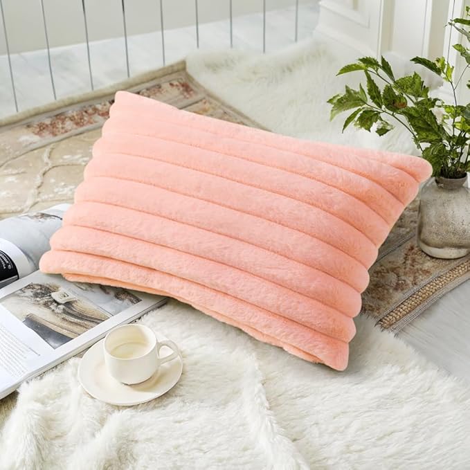 decorUhome Faux Fur Spring Throw Pillow Covers 12x20 Set of 2 Decorative Soft Plush Striped Lumbar Neutral Couch Pillow Covers with Velvet Back for Sofa Bed Living Room Home Valentines, Blush Pink