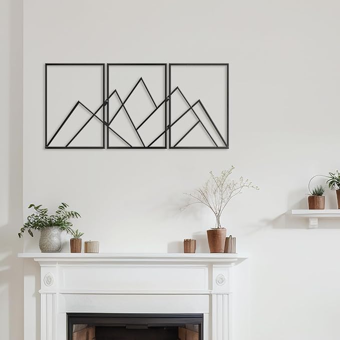 SIGNLEADER Metal Wall Decor Triangle Mountains Line Minimalist Modern Luxury Wall Sculpture Hangings 3D Statue Home Decoration for Living Room, Bedroom, Bathroom, Kitchen, Fireplace, Office - 24" Black