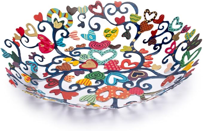 EMANUEL Yair Decorative Metal Fruit Bowl | Vibrant Hand Painted Bowl | Hangable Centerpiece Bowl for Home Decor and Gifting | Judaica Art (10 inch, Hearts)