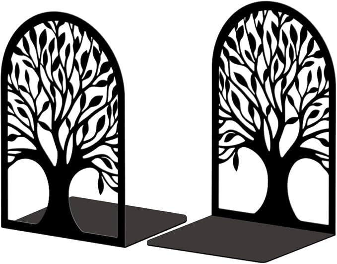 Peacoblue Metal Bookends for Shelves, Modern Decorative Heavy Duty Study Book Support Stoppers for Office, Desk, Shelf, Room 5.3"x3.5"x7.8" Cast Iron Simple Tall Bookends, 1 Pair (Tree of Life)