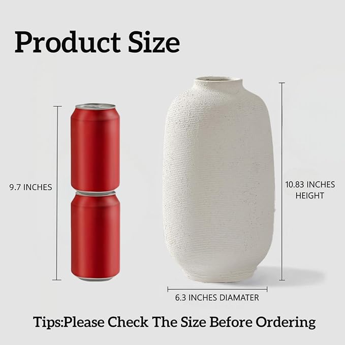 White Ceramic Vase, Textured Rustic Farmhouse Decorative Vase for Centerpieces, 10.8" Off-White Large Flower Vase for Home Decor