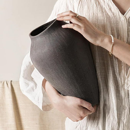Ceramic Vase - Large 11.8 Inch Tall Floor Vase for Centerpieces, Farmhouse Rustic Minimalist Home Decor for Living Room, Enterway, Wedding (Sandstone Dark Gray)