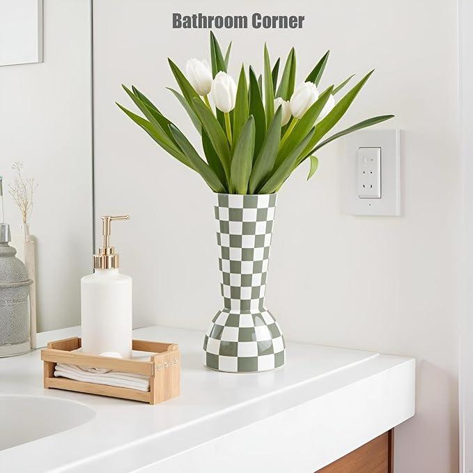 Sage Green Checkered Vase, Aesthetic Modern Ins Cool Flower Vases for Home Decor, Entryway Table, Centerpieces Decoration for Kitchen, Living/Dining Room, Bedroom, Bathroom, Coffee Tables (Ceramic)