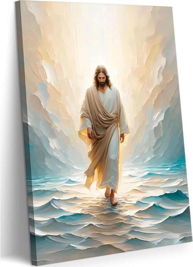Jesus Walking on Water Canvas Wall Art Religious Christian Bible Stories Poster Oil Painting Wall Decor Religious Savior Pictures Aesthetic for Living Prayer Room Church Bedroom 12x16 in Framed
