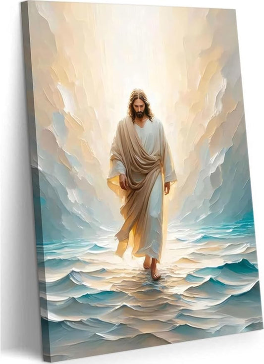 Jesus Walking on Water Canvas Wall Art Religious Christian Bible Stories Poster Oil Painting Wall Decor Religious Savior Pictures Aesthetic for Living Prayer Room Church Bedroom 12x16 in Framed