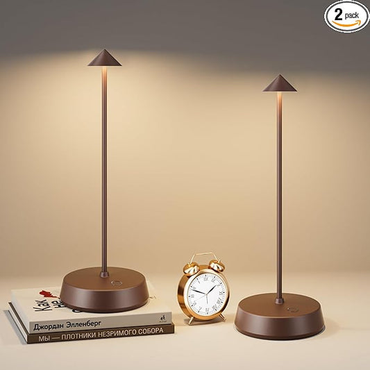Cordless Table Lamps Rechargeable, 6000mAh LED Battery Operated Desk Lamp, Portable Outdoor Waterproof Touch Stepless Dimmable Wireless Table Light for Dining Restaurant Home Patio (Brown-2PC)