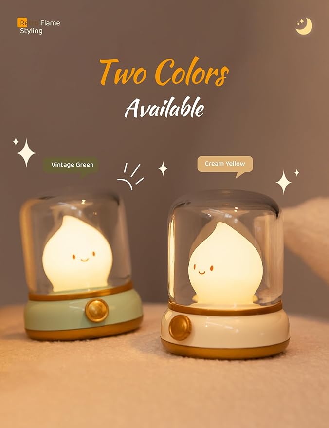 Cute Chibi Flame Lamp, Anime Cozy Lights, Retro Rechargeable Night Light, Decor, Cute Desk Accessories, Gifts 2 Pack (Yellow and Green)