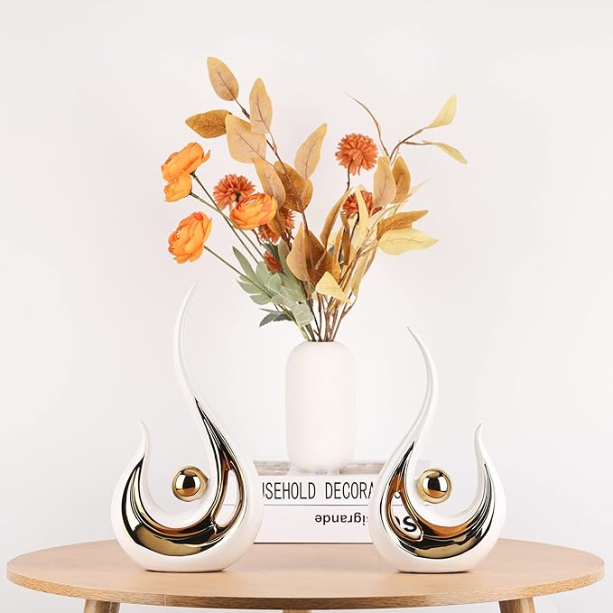 LCCCK 2-Pack Modern Abstract Art Home Decor Accent, Contemporary Statues Coffee Table Decor for Living Room, Dining Room Centerpieces, Ceramic Sculptures and Gold Knick Knacks for TV Stand Decor
