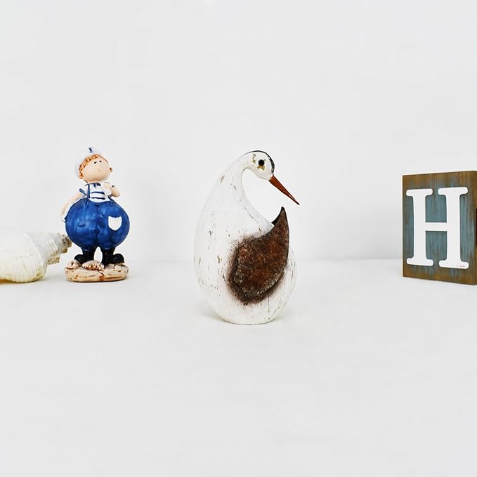 Wood Bird Statue Nautical Decor Decorative Rustic Seabird Sculpture Wooden Beach Themed Coastal Mediterranean Tabletop Decoration for Home Bathroom Living Room (S)