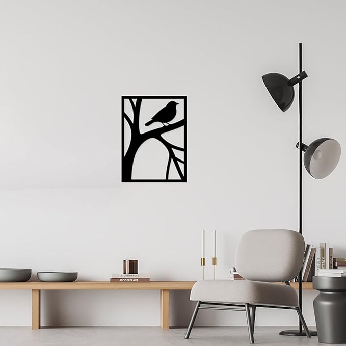 GlintHome Black Metal Abstract Wall Art Bird on Tree Branch Silhouette Bird Art Decor for Living Room Garden Bedroom Office Home Wall Decor