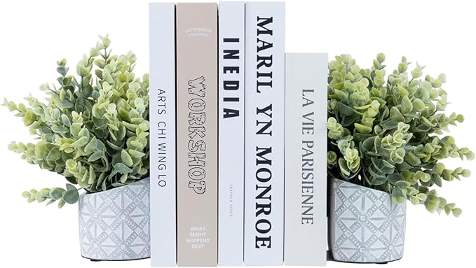 MyGift L-Shaped Decorative Bookends with Artificial Eucalyptus Plant Potted in Modern Geometric Embossed Gray Concrete Pot, Book Ends for Shelf Desk Nook Decor, 1 Pair