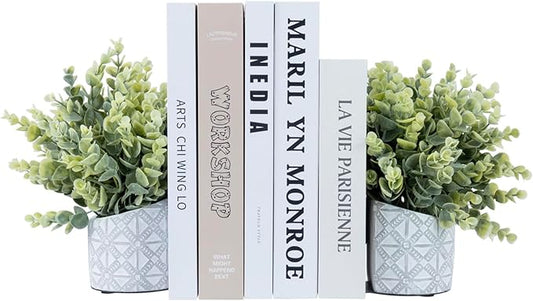 MyGift L-Shaped Decorative Bookends with Artificial Eucalyptus Plant Potted in Modern Geometric Embossed Gray Concrete Pot, Book Ends for Shelf Desk Nook Decor, 1 Pair