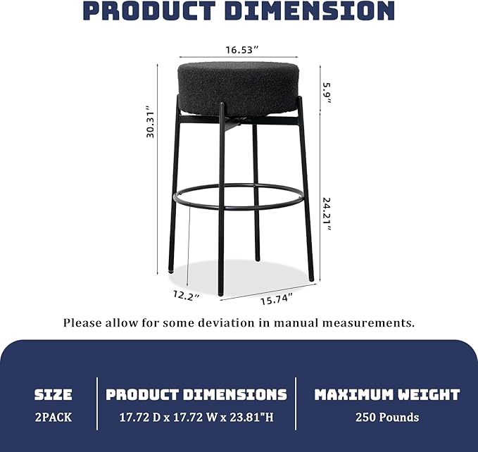 SoarFlash Modern Rotatable Bar Stools Set of 2, 30" Sherpa Swivel Counter Height Stools with Round Soft Padded Boucle Backless Seat, Black