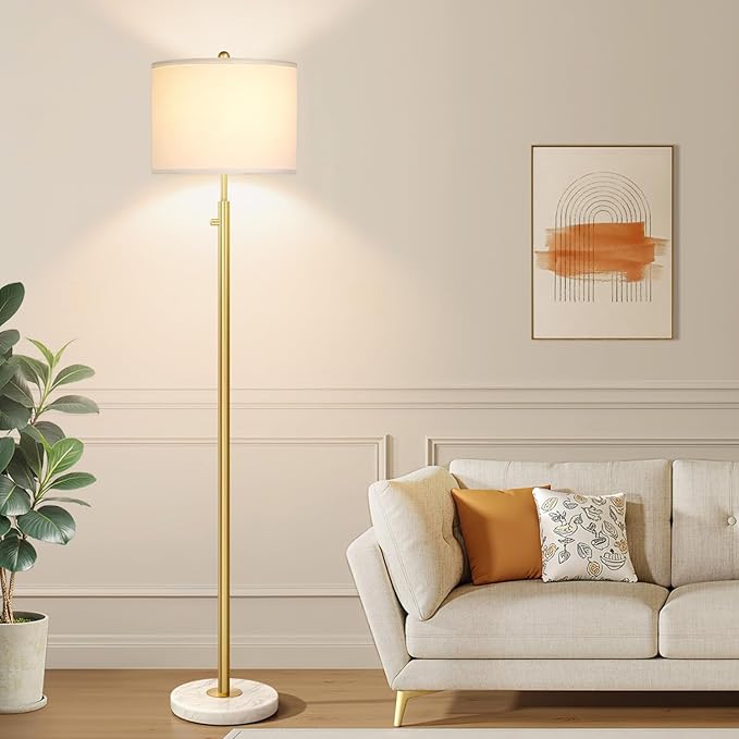 【Upgraded】Dimmable Gold Floor Lamps for Living Room, 11W LED Bulb Included, Modern Standing Lamp with Marble Base, Tall Pole Light with White Linen Shade for Bedroom Reading Office Corner Nursery