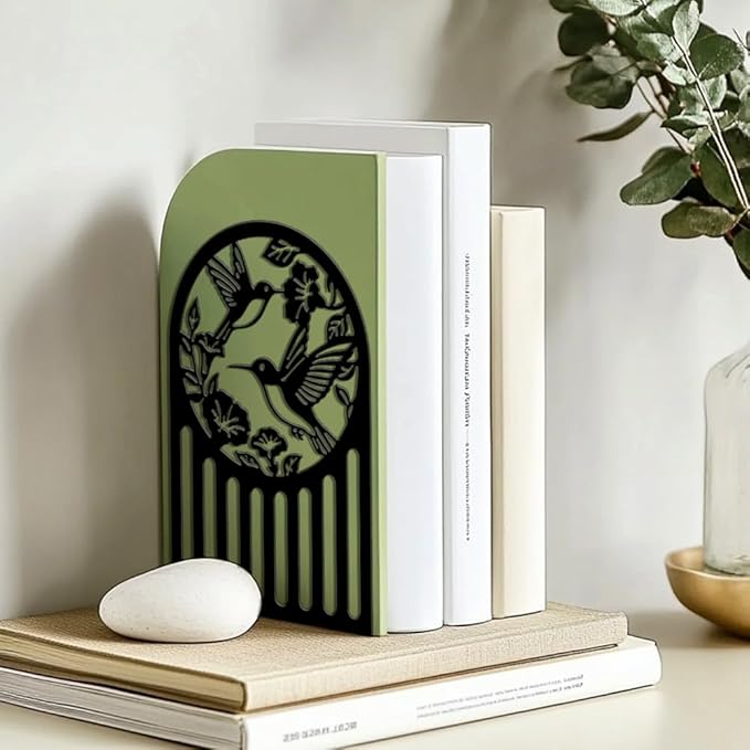 Peacoblue Metal Bookends for Shelves, Modern Decorative Heavy Duty Study Book Ends Stoppers for Office, Desk, Shelf, Room 5.3"x4.3"x7.9" Cast Iron Simple Tall Bookends 1 Pair (Hummingbird and Flower)