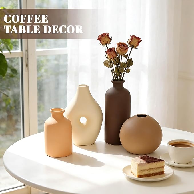 Ceramic Vase Set of 4, Modern Farmhouse Decor Vases for Home Table Centerpiece - Rustic Flower Vases for Living Room, Kitchen, Shelf, Bedroom, Office, Bathroom, Dining and Coffee Table Decor