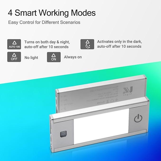 V4light RGB Motion Sensor Night Light, 6-Color Rechargeable Stair Lights, Magnetic Stick-On LED Bookshelf Light with Auto-Off, Touch Control, for Hallway, Stairs, Display Cabinet (6-Pack)