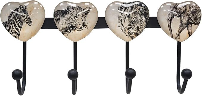 Coat Rack Wall Mounted with 4 Hook, Heart Glass Finishes Animal Pattern Elephant Lion Zebra Leopard Decorative Wall Hooks for Entryway Hanging Hat, Key, Towel, Purse and Bag - Metal