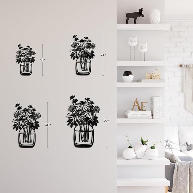 SIGNLEADER Metal Wall Art Decor Flower Bouquet in Bottle Minimalist Modern Abstract Wall Sculpture Hangings Home Decoration for Living Room, Bedroom, Bathroom, Kitchen, Outdoor - 18" Black
