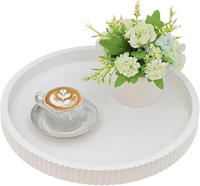 Carah & Cossh Round Wooden Serving Tray, White Round Decorative Wood Tray, Modern Decorative Tray, Perfect for Storage and Display (White B)