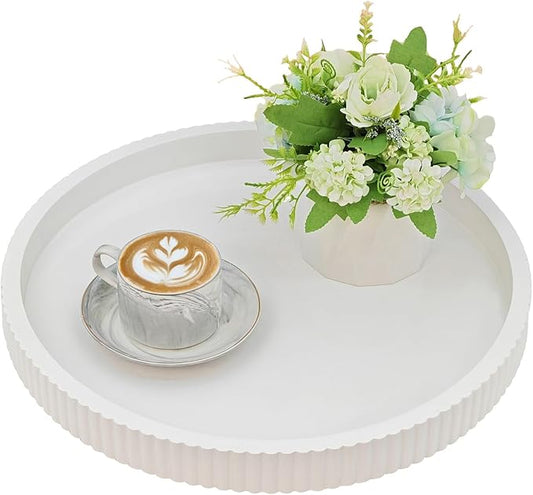 Carah & Cossh Round Wooden Serving Tray, White Round Decorative Wood Tray, Modern Decorative Tray, Perfect for Storage and Display (White B)