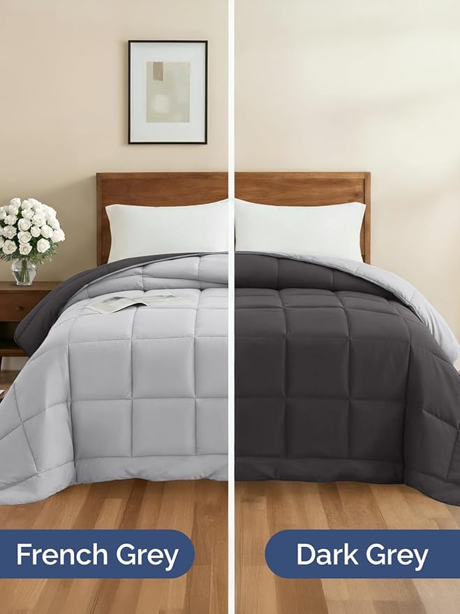 Cal King Size Dark Grey & French Grey Reversible Alternative Down Comforter - Warm, Lightweight Breathable Hotel Quality Bedding Set - All Season Oversized Cooling Microfiber Duvet Insert Comforter