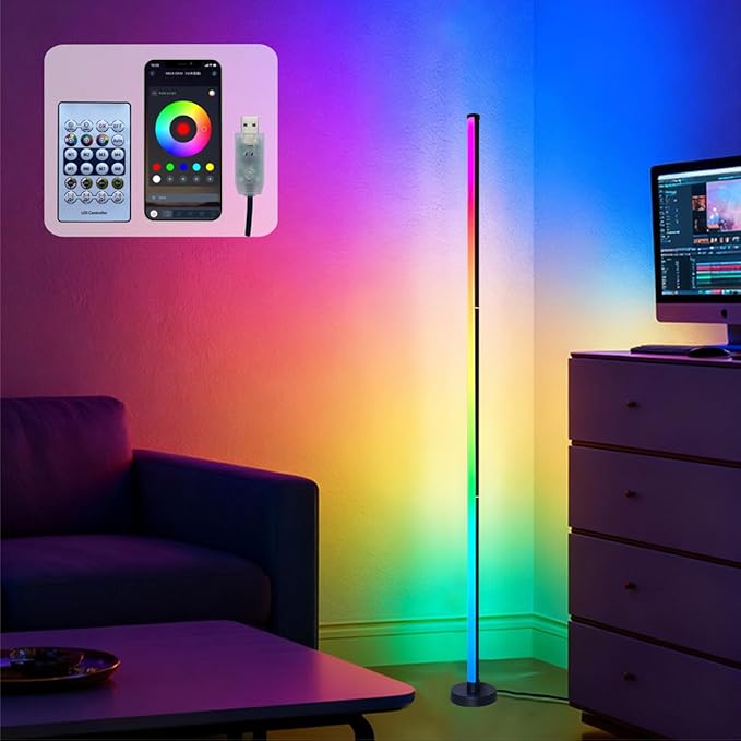 RGB LED Corner Floor Lamp，DIY Floor Lamp with Music Sync and 16 Million Colors, 213 Dynamic Modes, App & Remote Control,Standingl Corner Changing Ambience Light, for Living Bedroom Room Gaming Room