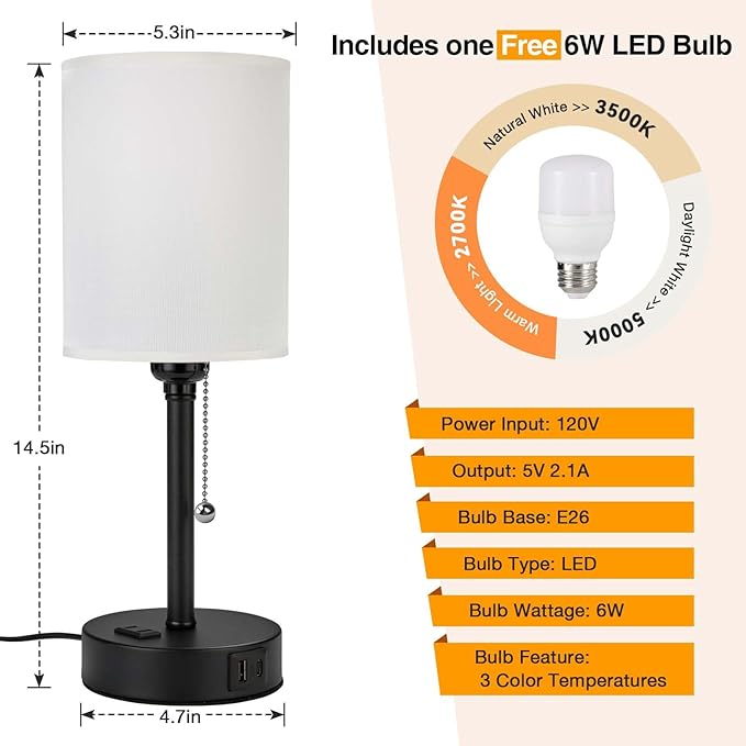 Small Bedside Table Lamp for Nightstand with USB & Outlet, 3 Color, Matte Black, White Lampshade (LED Bulb Included)