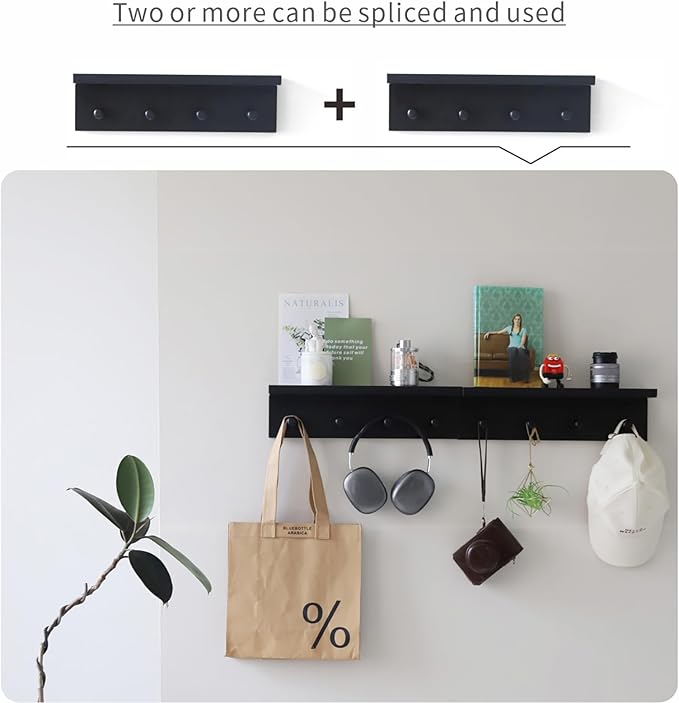 Entrance Coat Rack ，Coat Hooks, Wall-Mounted Wooden Hook Rack, Wall-Mounted Shelves are Very Suitable (Black Color Finish—A-2)