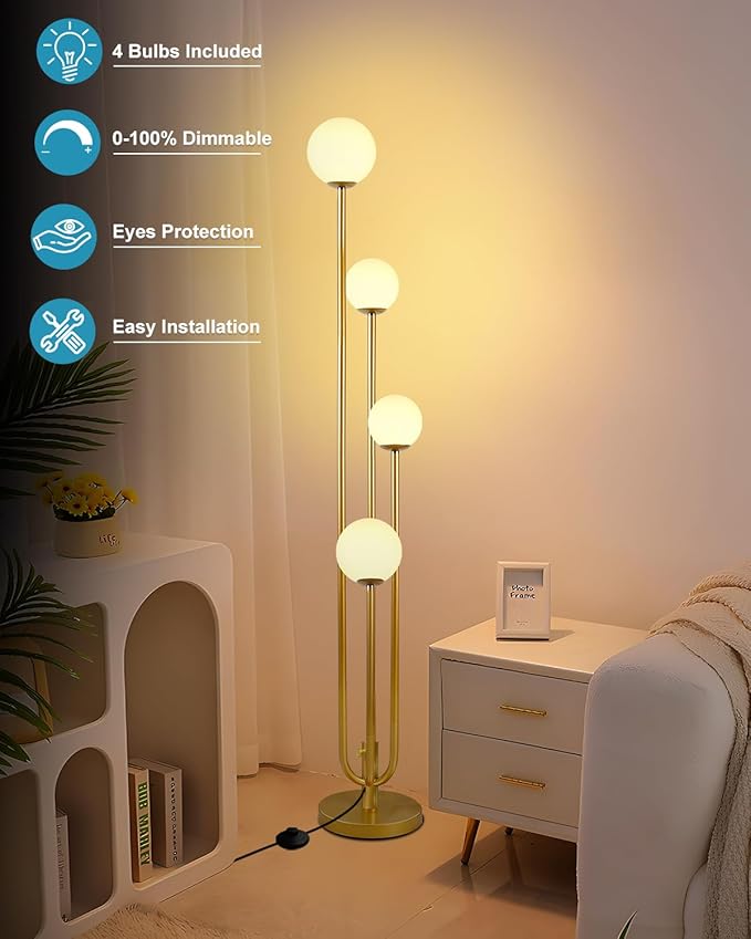 ACOHOOK 63IN 4-Light Dimmable Floor Lamp, Unique Candle Holder Style Gold Tall Standing Lamps with 3000K G9 Bulbs for Reading, Mid Century Modern Floor Lamp for Living Room Bedroom Home Office