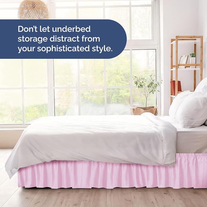 Wrap Around Dust Ruffle Bed Skirt - Light Pink - for Queen Size Beds with 12 Inch Drop - Elastic Strap - Adjustable Pleated Bedskirt with Brushed Fabric and Wrinkle Free - For Women, Men, Kids & Teens