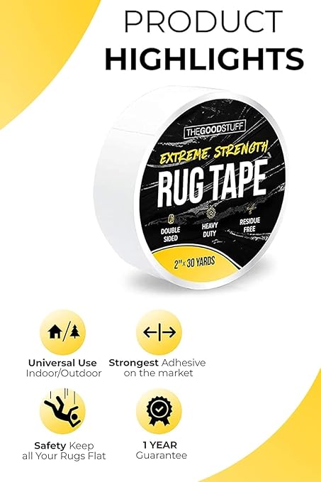 The Good Stuff Double Sided Carpet Tape [2"x10yd] - Heavy-Duty Rug Gripper Tape - Strong Non-Slip Rug Tape for carpet, hardwood floors, Vinyl, Area Rugs, Tiles, and Concrete - No Residue, Easy Removal