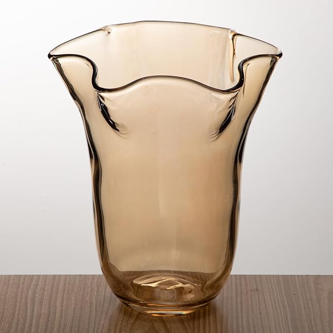 8 inch Amber Glass Vases Large Flower Vases for Centerpiece, Crystal Vases for Flowers Wide Mouth Vase for Home Office Living Room Shelf Wedding Decor (Ionic Light Amber)