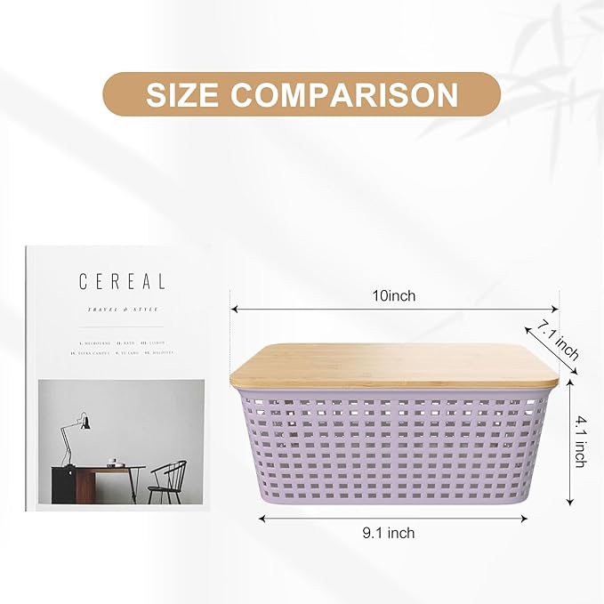 Plastic Storage Bins with Bamboo Lid - Stackable Pantry Storage Organizer with Lid - Storage Basket with Lable for Organizing: Small Storage Box for Shelves Cabinet Office Drawer Desktop 10x7x4in 6Pcs