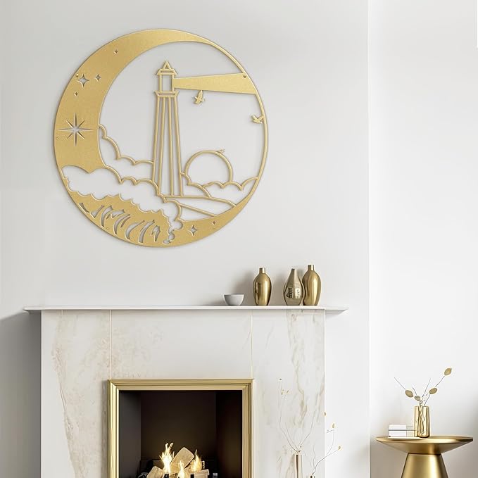 SIGNLEADER Metal Wall Art Decor Lighthouse on the Waves Minimalist Modern Abstract Wall Sculpture Hangings Home Decoration for Living Room, Bedroom, Bathroom, Kitchen, Outdoor - 18" Gold