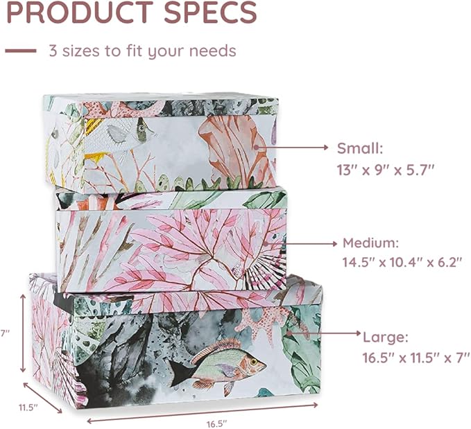 Soul & Lane Ocean Treasures Modern Home Décor Keepsake Boxes - Set of 3: Beach-Themed Photo Storage with Lids, Decorative Cardboard Nesting Gift Containers, Paper Mache Rectangle Boxes