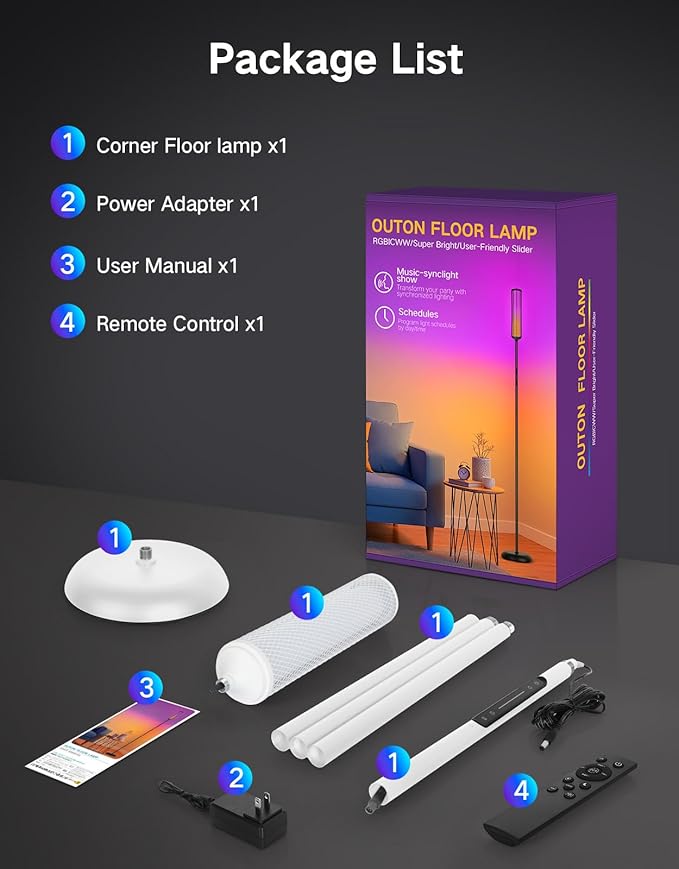 OUTON LED Floor Lamp with Remote & APP Control, Tall Standing Lamp, 16 Million Colors, 32 Scene Modes & Music Sync, Modern Corner Lamps for Living Room, Bedroom, Gaming, White & Metal Lampshade