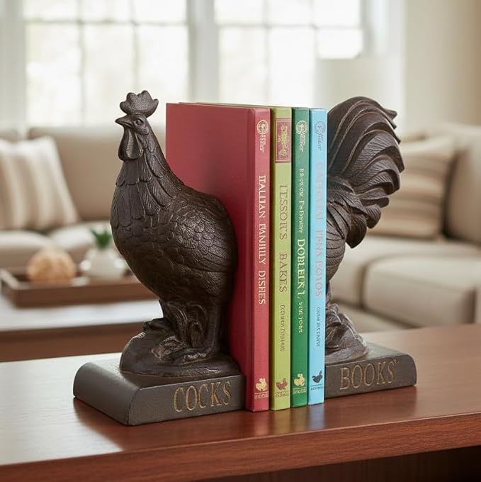 Comfy Hour Rooster Decorative Bookends, Vintage Farmhouse Style Animal Book Ends for Shelves, Heavy Duty Antique Rusty Effect Book Stopper for Books & Cookbooks, 1 Pair