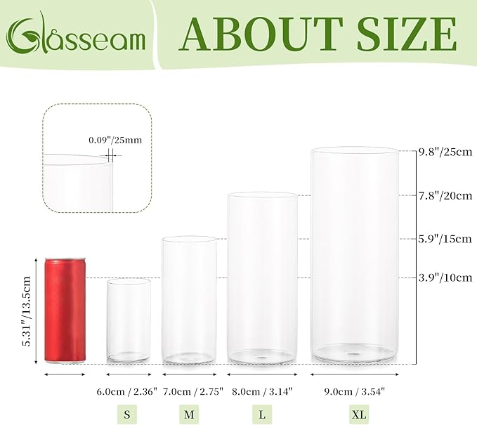 Glasseam Cylinder Glass Vases for Centerpieces: 12 Pack Clear Flower Vase Bulk 4" 6" 8" 10" Hurricane Floating Pillar Candle Holder - Modern Centerpiece for Wedding Dining Home Table Decor