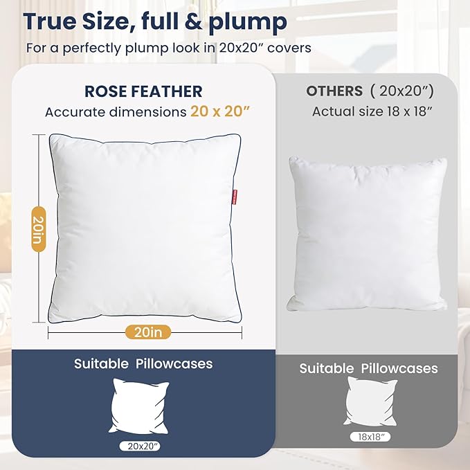 ROSE FEATHER Down Pillow Inserts 20x20, 100% Goose Down Feather Throw Pillows Inserts - Ultra Plush, Decorative Pillow Insert with Soft Cotton Cover for Couch, Sofa, Bed, Living Room (Pack of 1)