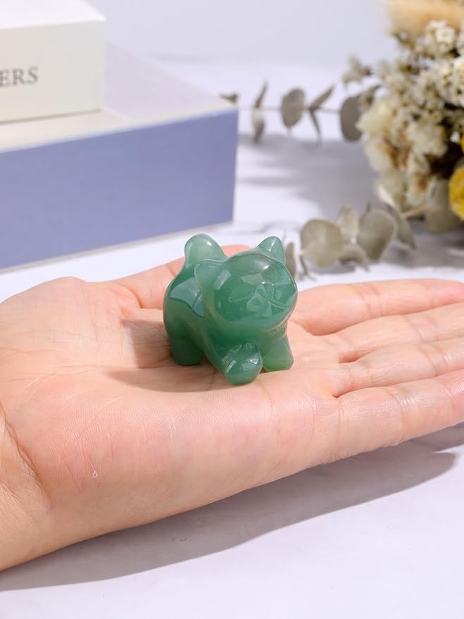 Jovivi Natural Green Aventurine Crystal Cat Statue Home Decor Carved Gemstone Cats Figurine Collectibles Pocket Sculpture Pet Memorial Decorative Ornament Gift for Cat Lovers