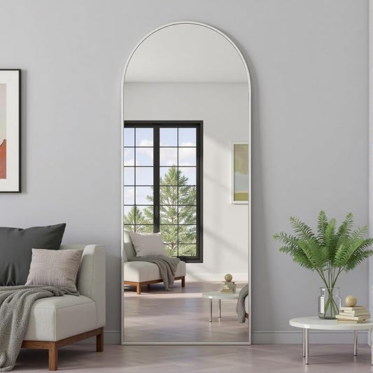 Full Length Mirror, 64"x21" Arched-Top Floor Mirror, Modern Full Body Mirrors with Stand, Wall Mirrors with Aluminum Alloy Frame for Bedroom,Living Room, White