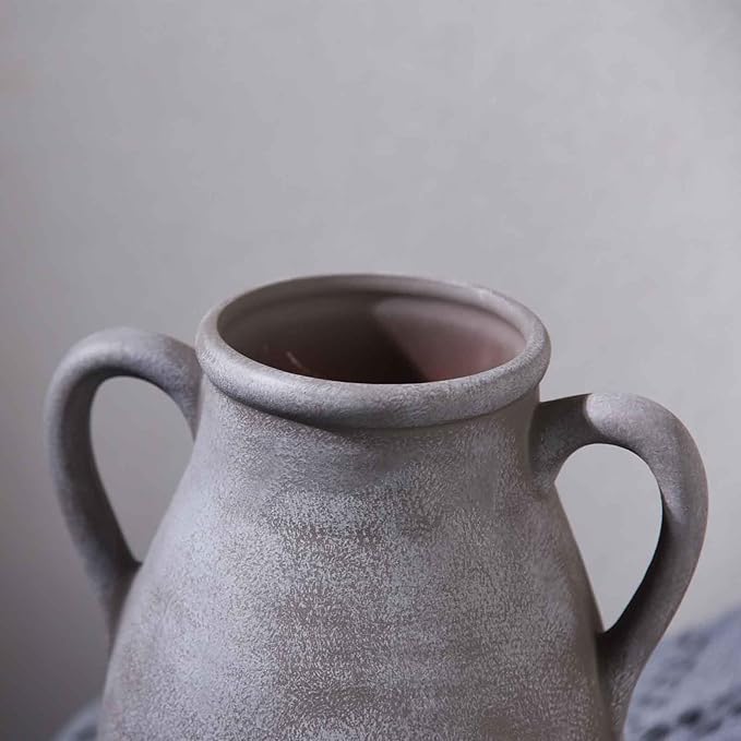 Ceramic Flower Vase with Handles, 7.5 inch Rustic Farmhouse Vase for Centerpieces, Small Decorative Terracotta Vases for Home Decor, Living Room, Table, Neutral