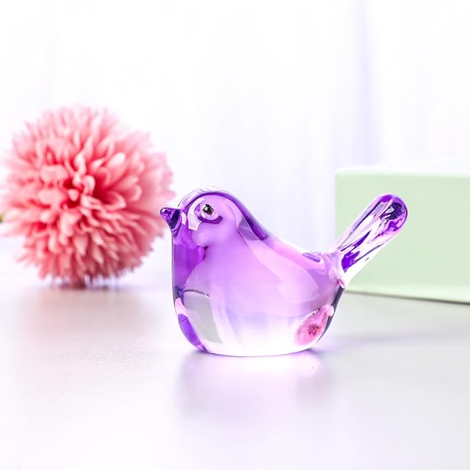 YWHL Handmade Crystal Purple Bird Figurines, Animals Gifts for Birds Lovers Women Men, Art Glass Birds Collectible for Home Decor, Desk Table Home Office Decoration