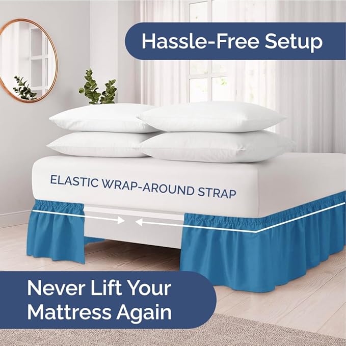 Wrap Around Dust Ruffle Bed Skirt - Denim Blue - for Full Size Beds with 15 Inch Drop - Elastic Strap - Adjustable Pleated Bedskirt with Brushed Fabric and Wrinkle Free - for Women, Men, Kids & Teens