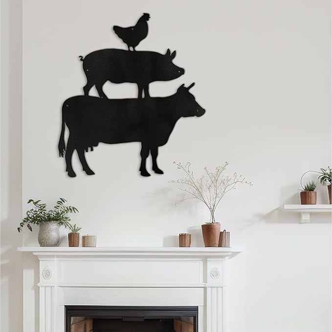 SIGNLEADER Metal Wall Art Decor Chicken, Pig, Cow Minimalist Modern Abstract Wall Sculpture Hangings Home Decoration for Living Room, Bedroom, Bathroom, Kitchen, Outdoor - 18" Black