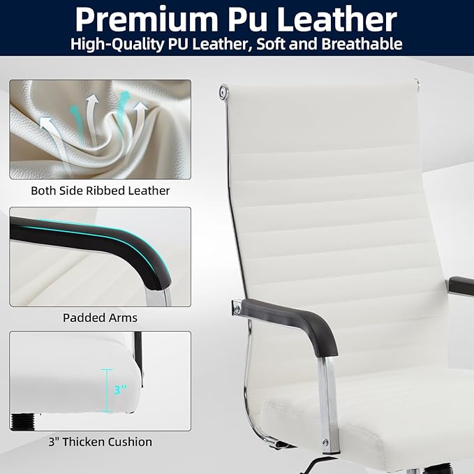 Haranuo Office Chair, Ergonomic Executive Conference Room Chairs, Ribbed Leather Desk Chair with Lumbar Support, Adjustable Height Mid-Back Swivel Chair (Square Tube Armrests, White)