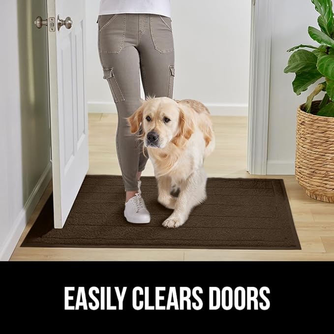 GORILLA GRIP Dirt Grabber Mesh Doormat, Low-Profile, Stain and Fade Resistant Heavy Duty Quick Dry Striped Doormats, Mats for Indoor or Outdoor Entry, Shoe Scraper, Garage Entrance Mat, 35x23, Brown